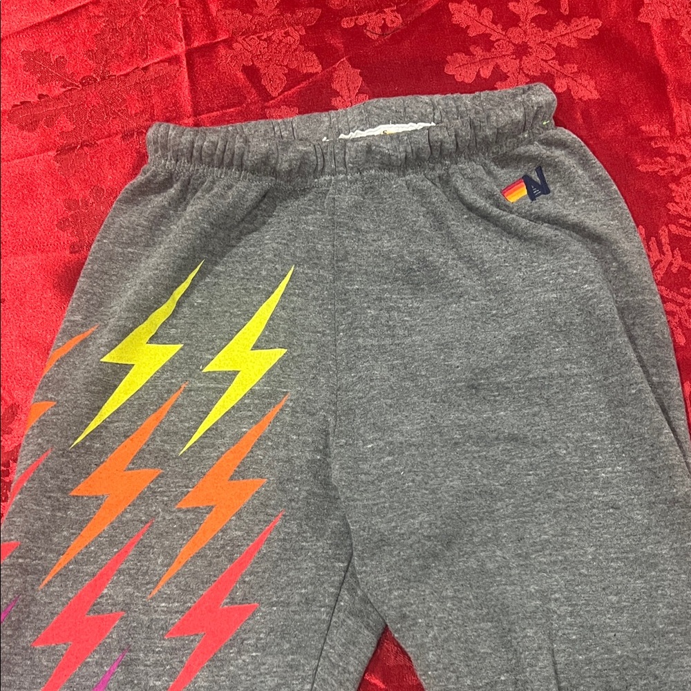 Aviator Nation  Gray sweatpants  with Colorful Lightning Design- woman xs.